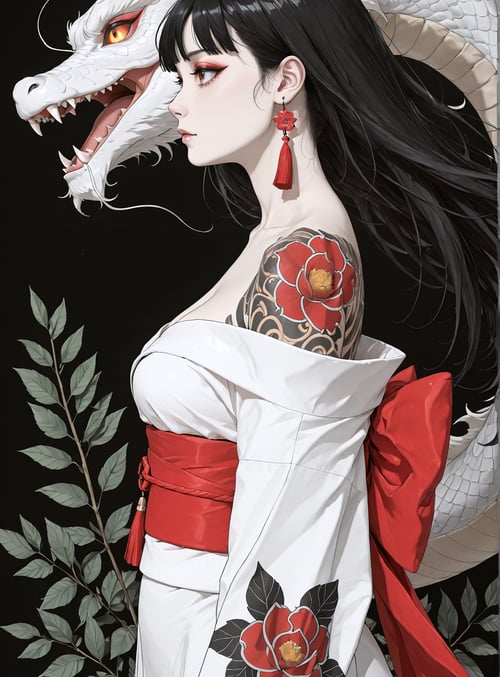 woman, dragon, flower