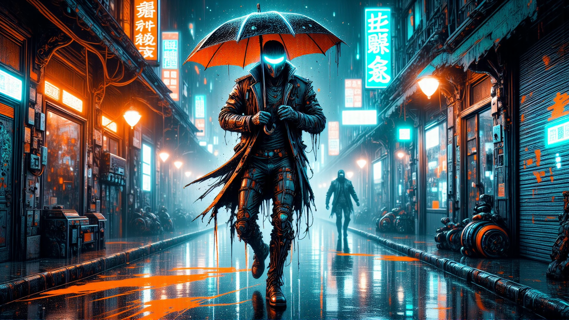 AI generated wallpaper featuring person, umbrella, city