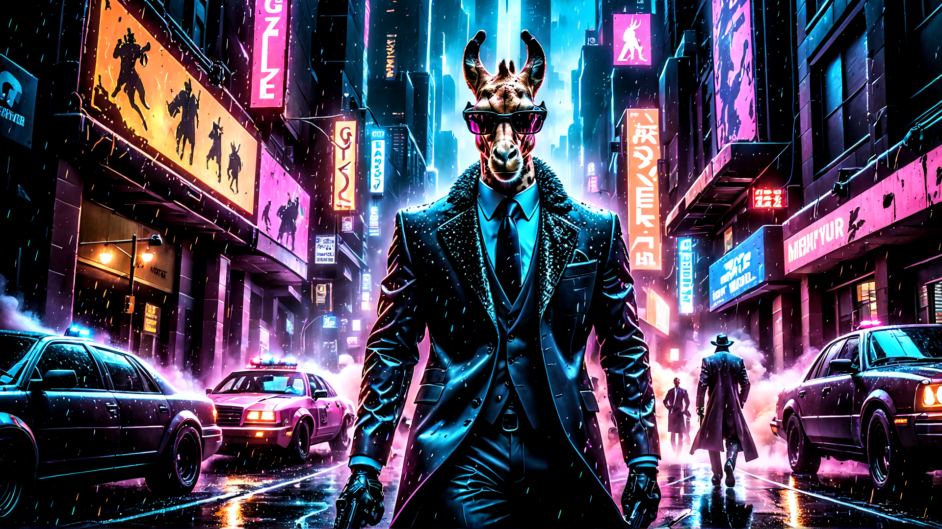 AI generated wallpaper featuring camel, cityscape, police car
