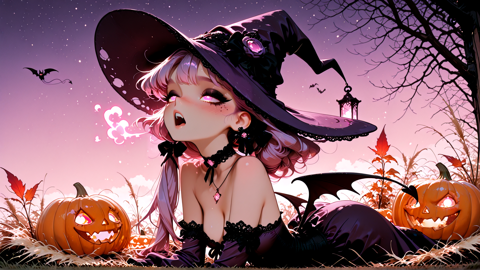 AI generated wallpaper featuring witch, pumpkin, bat, lantern, leaf
