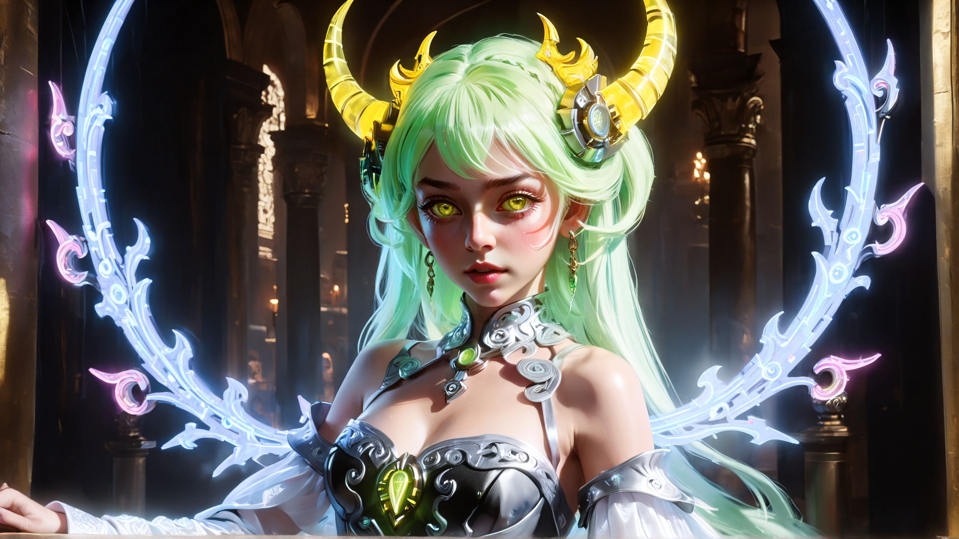 AI generated wallpaper featuring girl, angel, dragon, goddess, armor, horn, hair, earring, necklace, armor