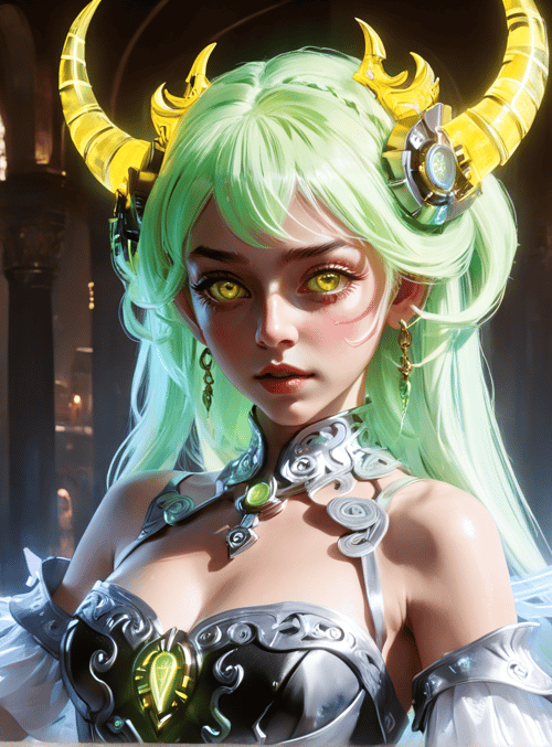 girl, angel, dragon, goddess, armor, horn, hair, earring, necklace, armor
