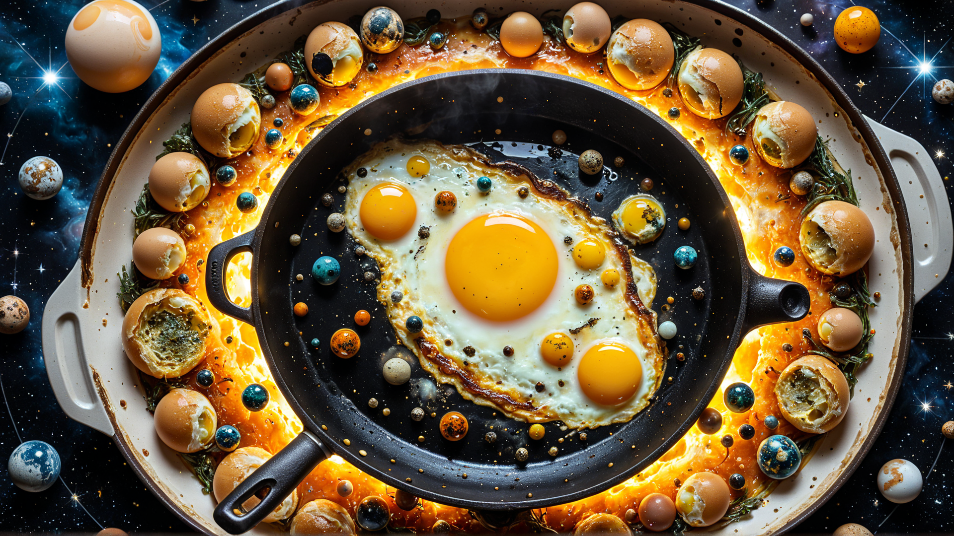 AI generated wallpaper featuring egg, pan, universe
