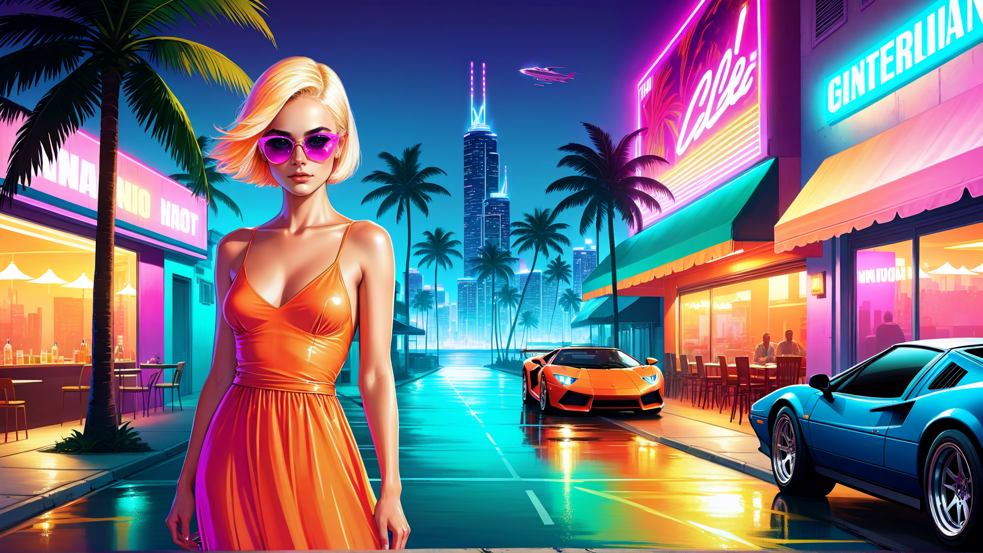 AI generated wallpaper featuring woman, car, palm tree, neon sign