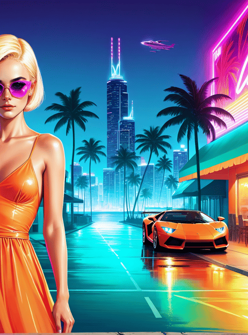 woman, car, palm tree, neon sign