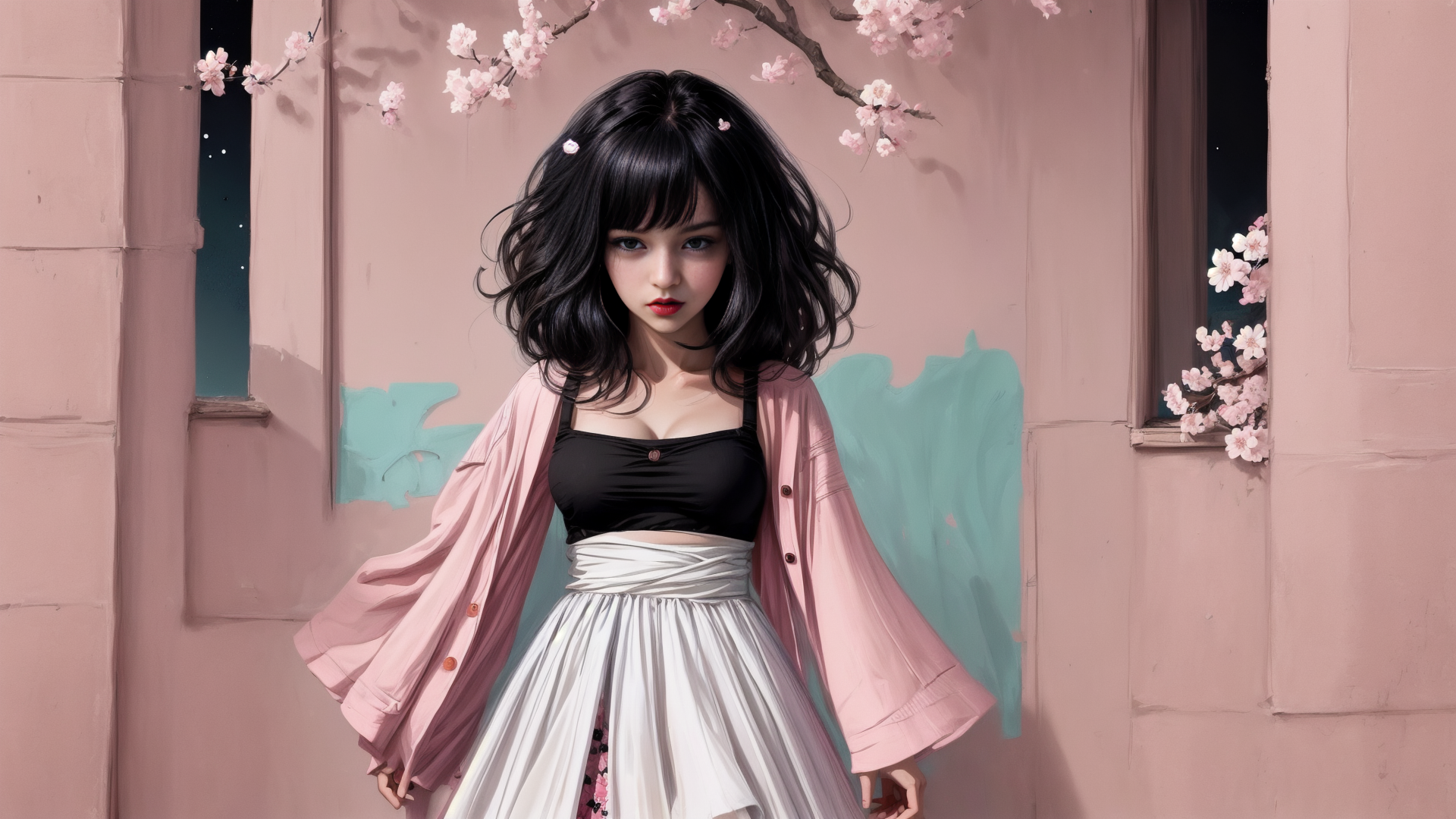 AI generated wallpaper featuring girl, cherry blossom, wall