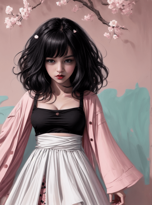 girl, cherry blossom, wall