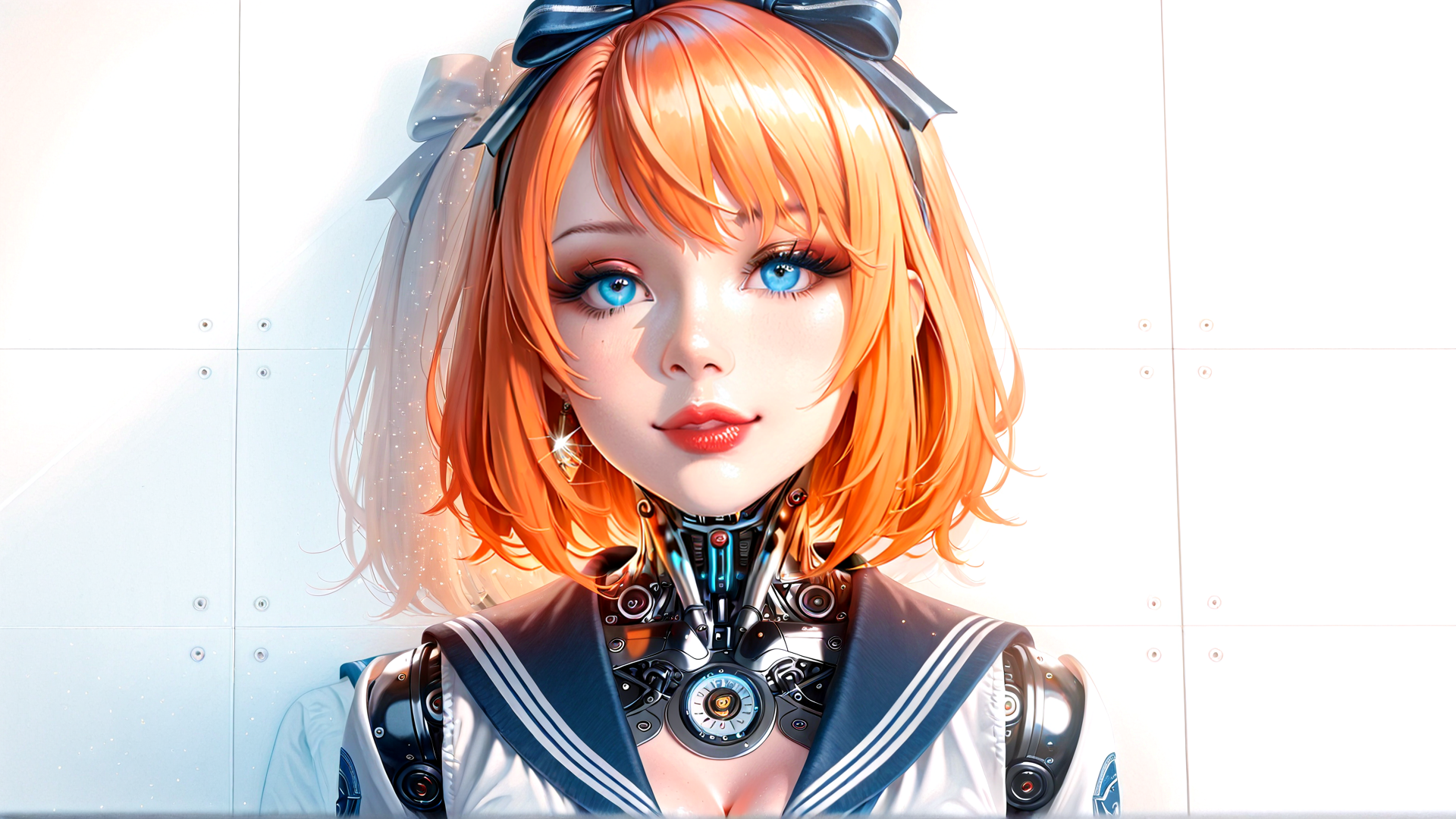 AI generated wallpaper featuring cyborg, girl, robot, anime, sailor, uniform, hair, bow, mechanical, neon