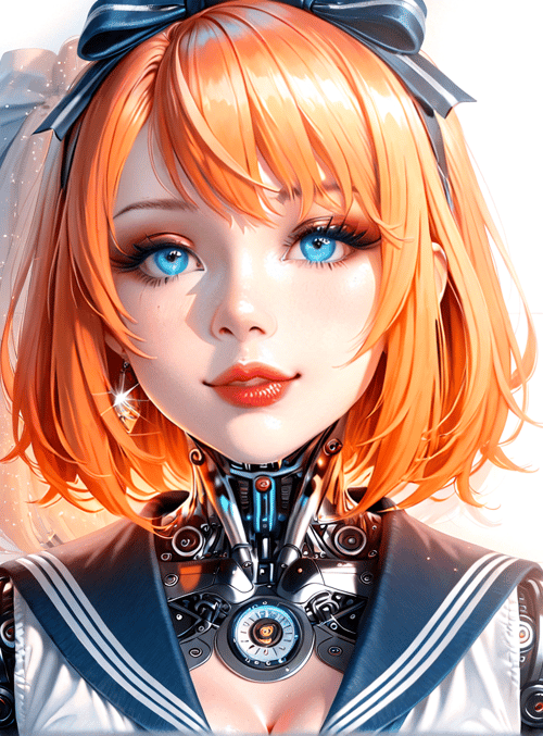 cyborg, girl, robot, anime, sailor, uniform, hair, bow, mechanical, neon