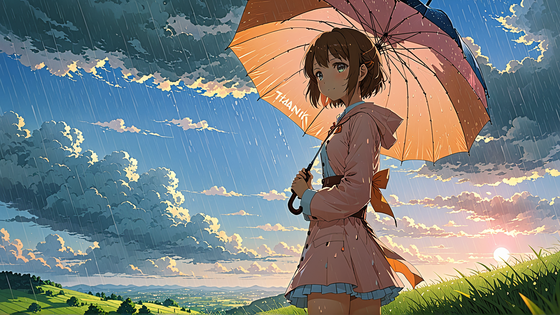 AI generated wallpaper featuring girl, umbrella, rain
