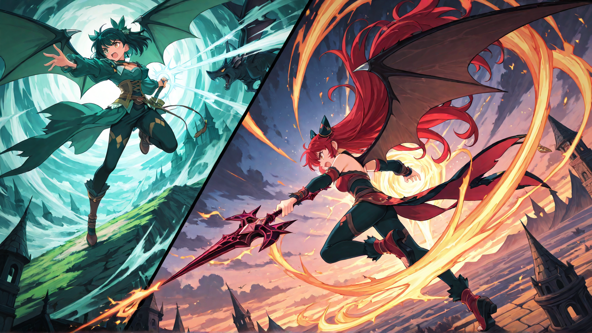 AI generated wallpaper featuring dragon, girl, sword, castle, magic, fire, wings, fairy, energy, light