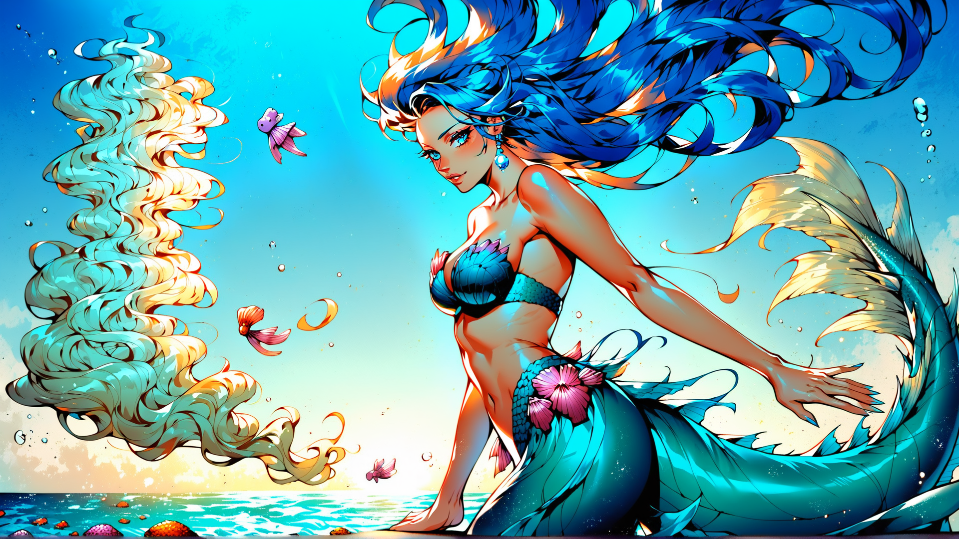 AI generated wallpaper featuring mermaid, fish, bubbles, seaweed, coral, water, ocean, sun, shells, wave