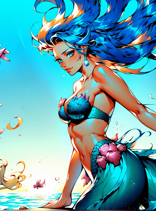 mermaid, fish, bubbles, seaweed, coral, water, ocean, sun, shells, wave