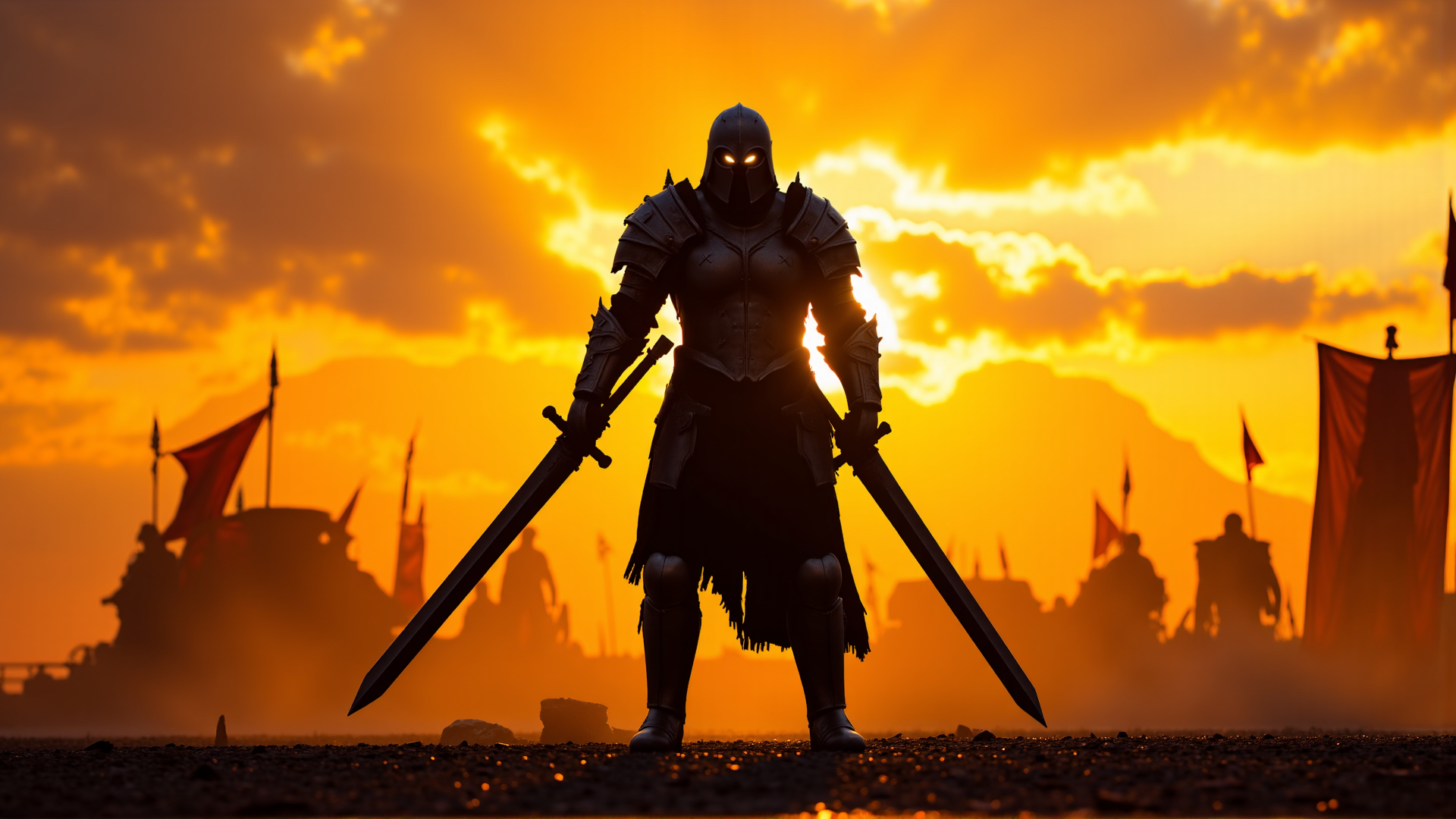 AI generated wallpaper featuring knight, swords, army, flags, armor