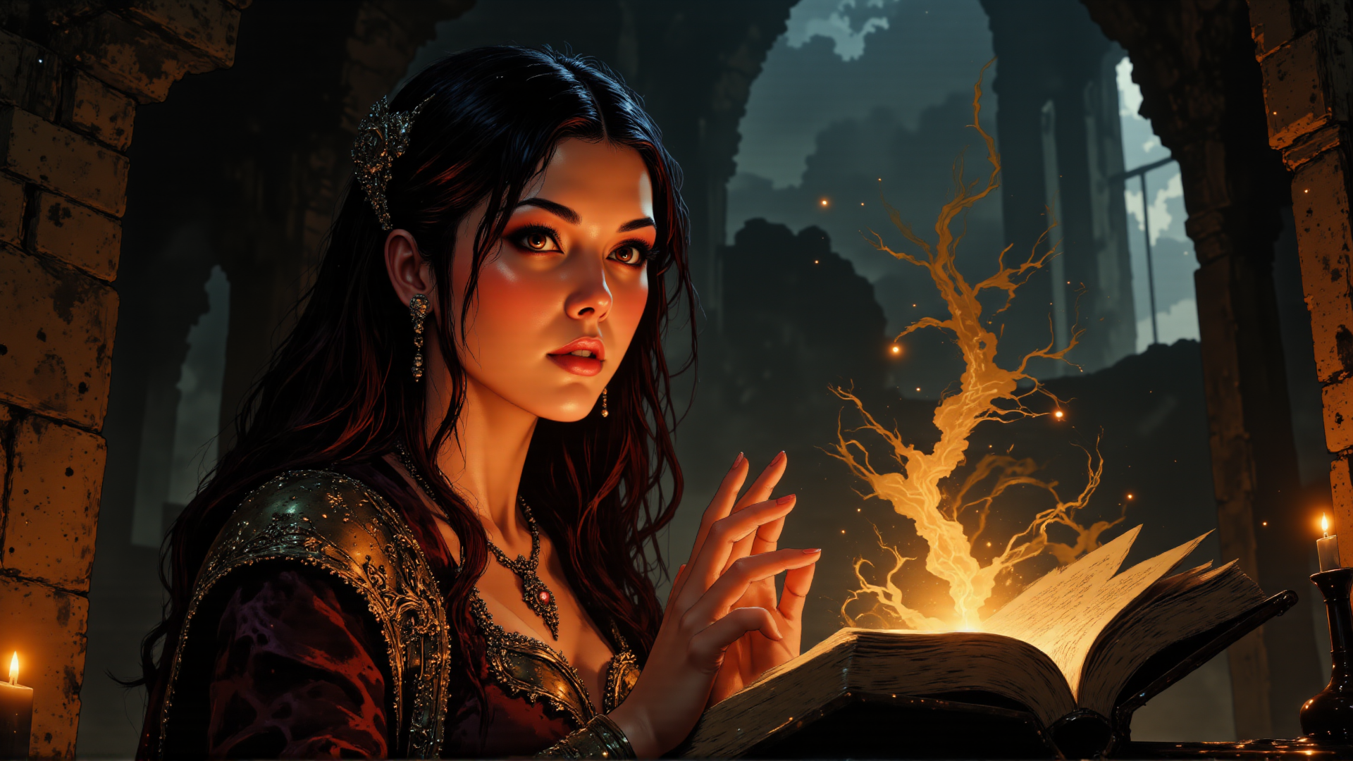 AI generated wallpaper featuring woman, book, candle, tree, ruins