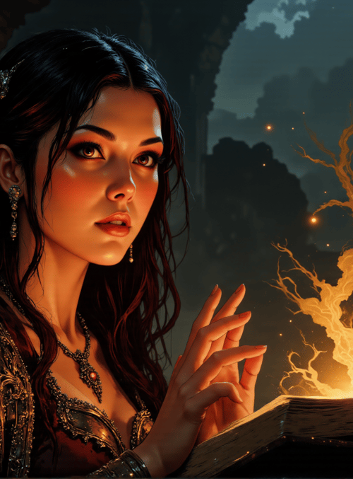 woman, book, candle, tree, ruins