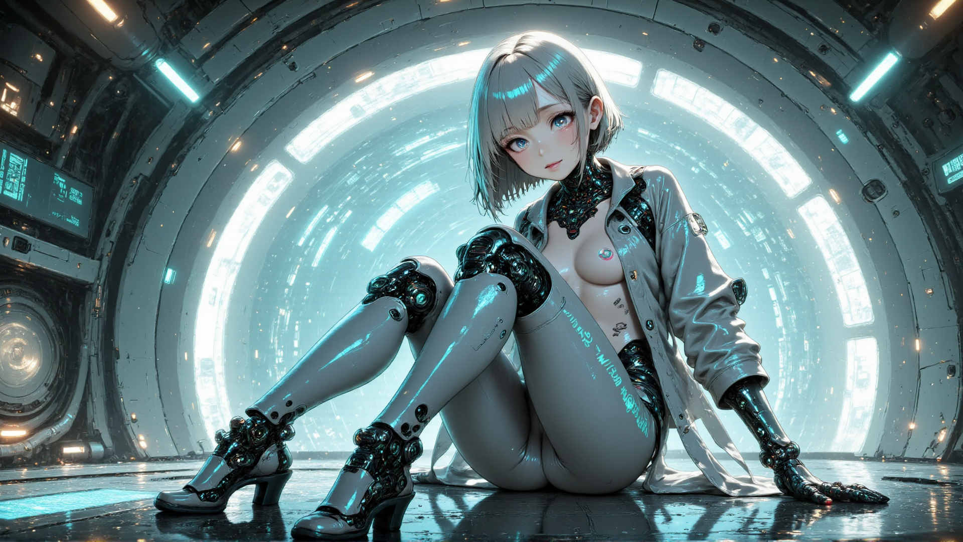 AI generated wallpaper featuring cyborg, woman, robot, futuristic, space, glasses, boots, legs, hologram, light