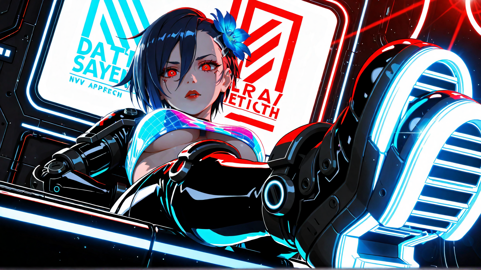 AI generated wallpaper featuring cyborg, anime girl, neon, mechanical arm
