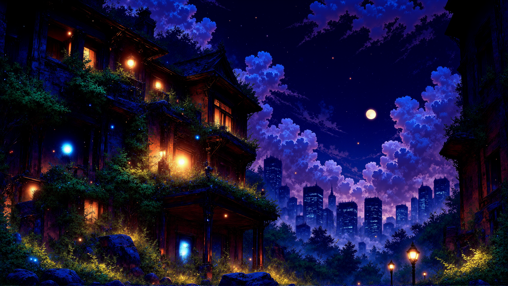 AI generated wallpaper featuring house, trees, cityscape, moon, streetlamp, clouds, stars, rocks, light, window