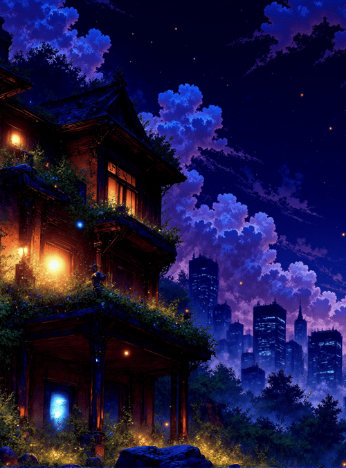 house, trees, cityscape, moon, streetlamp, clouds, stars, rocks, light, window