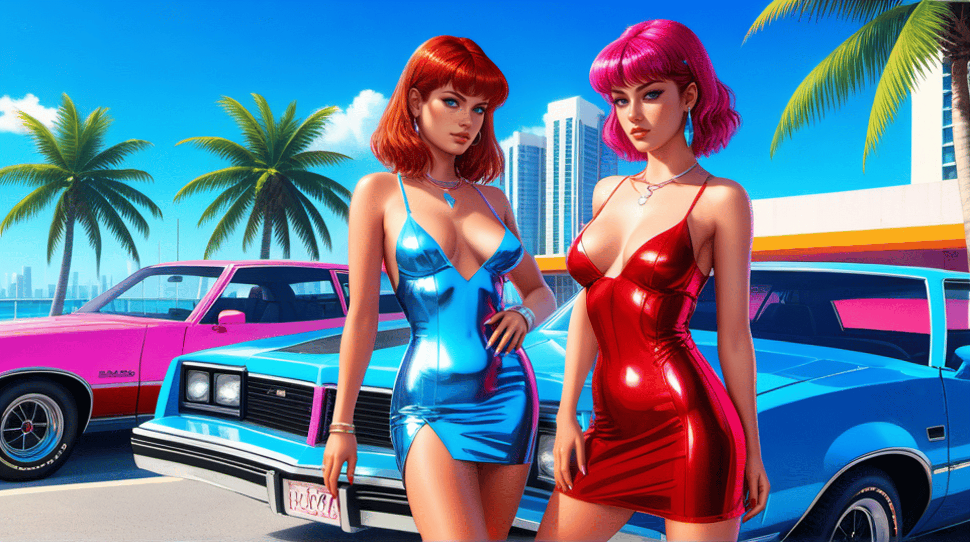 AI generated wallpaper featuring women, cars, palm trees