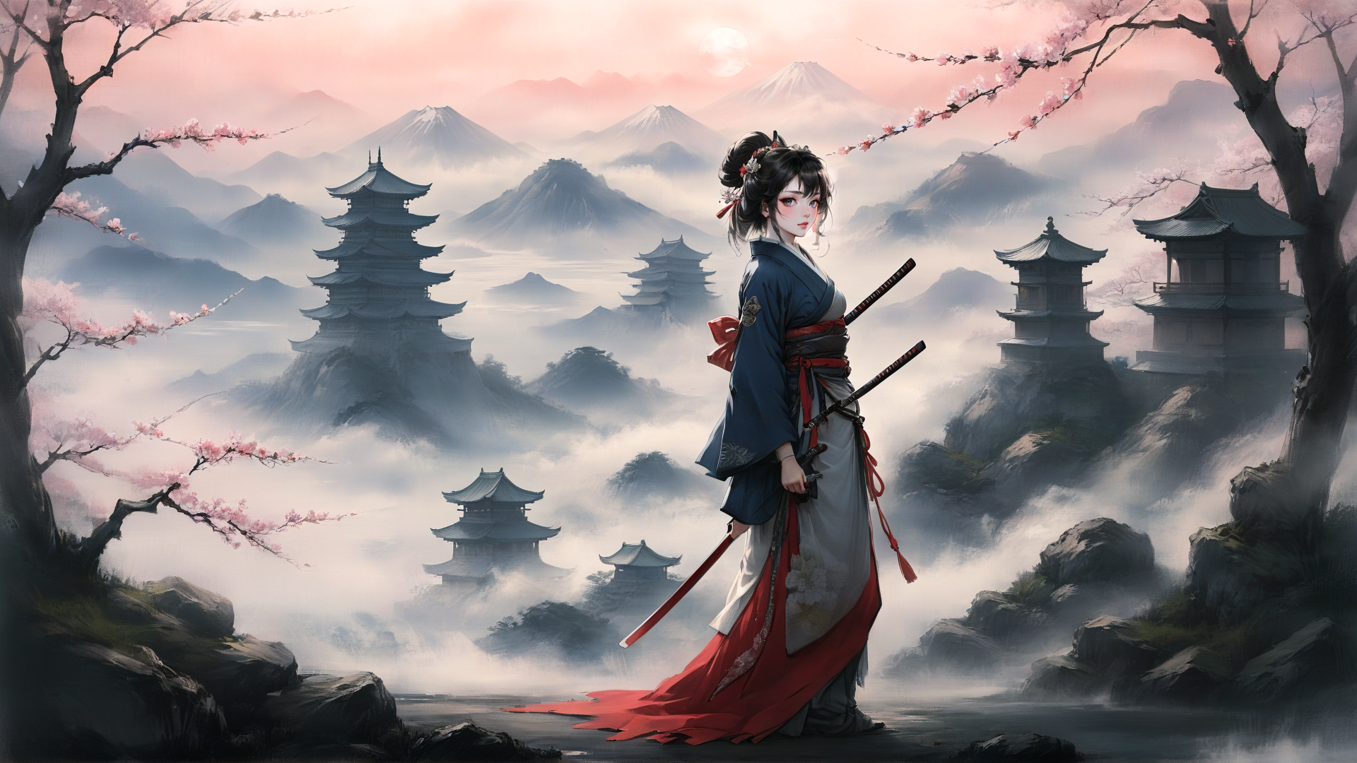 AI generated wallpaper featuring samurai, woman, cherry blossom, pagoda, mountain, sword