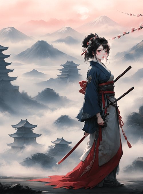 samurai, woman, cherry blossom, pagoda, mountain, sword