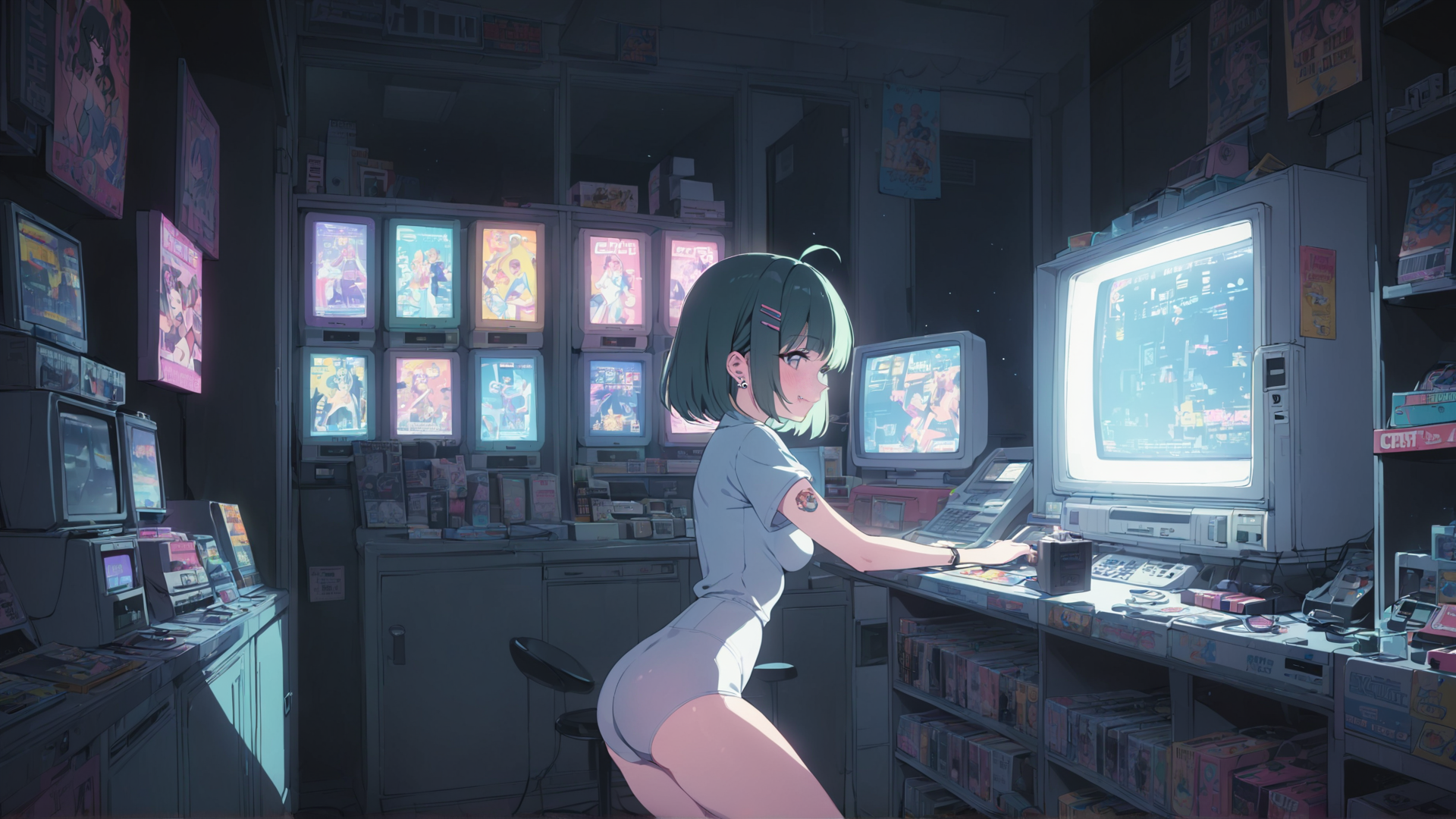 AI generated wallpaper featuring girl, arcade, tv