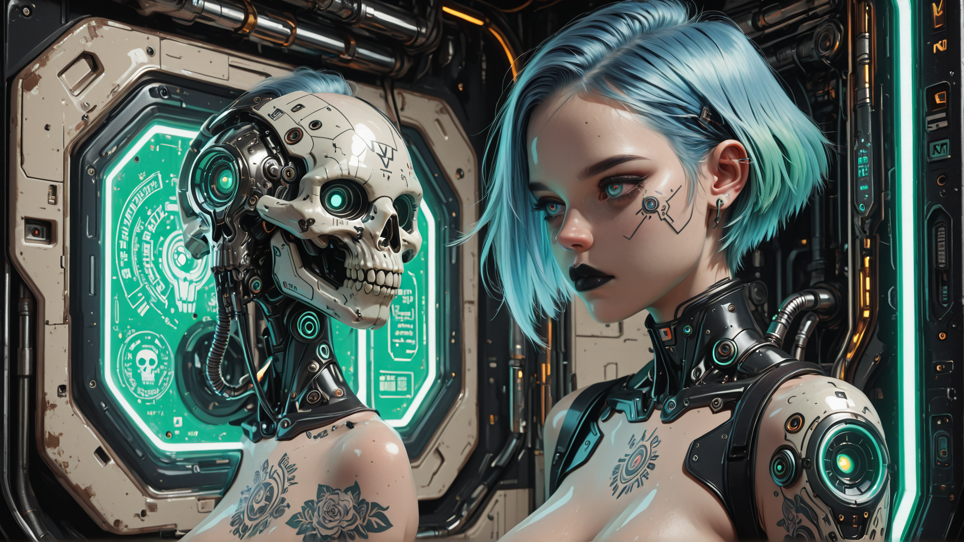 AI generated wallpaper featuring cyborg, skeleton, robot, humanoid, tattoo, futuristic, mechanical, neon, space, glowing