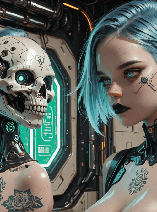 cyborg, skeleton, robot, humanoid, tattoo, futuristic, mechanical, neon, space, glowing