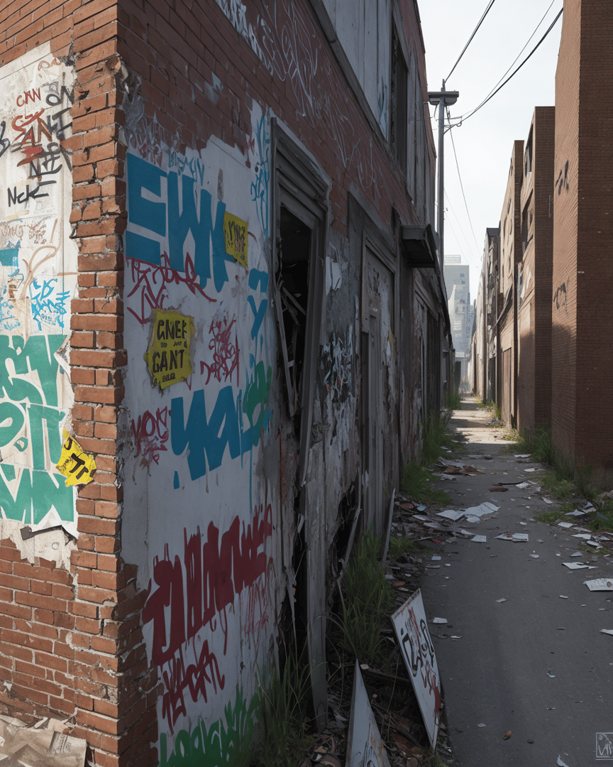 AI generated wallpaper featuring alley, graffiti, abandoned building