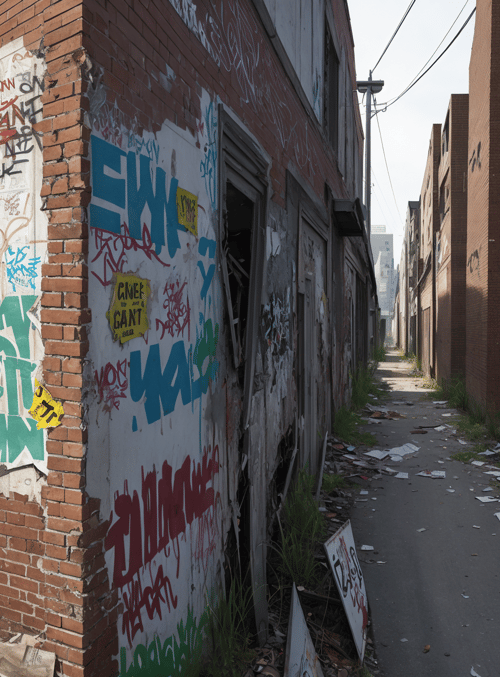 alley, graffiti, abandoned building