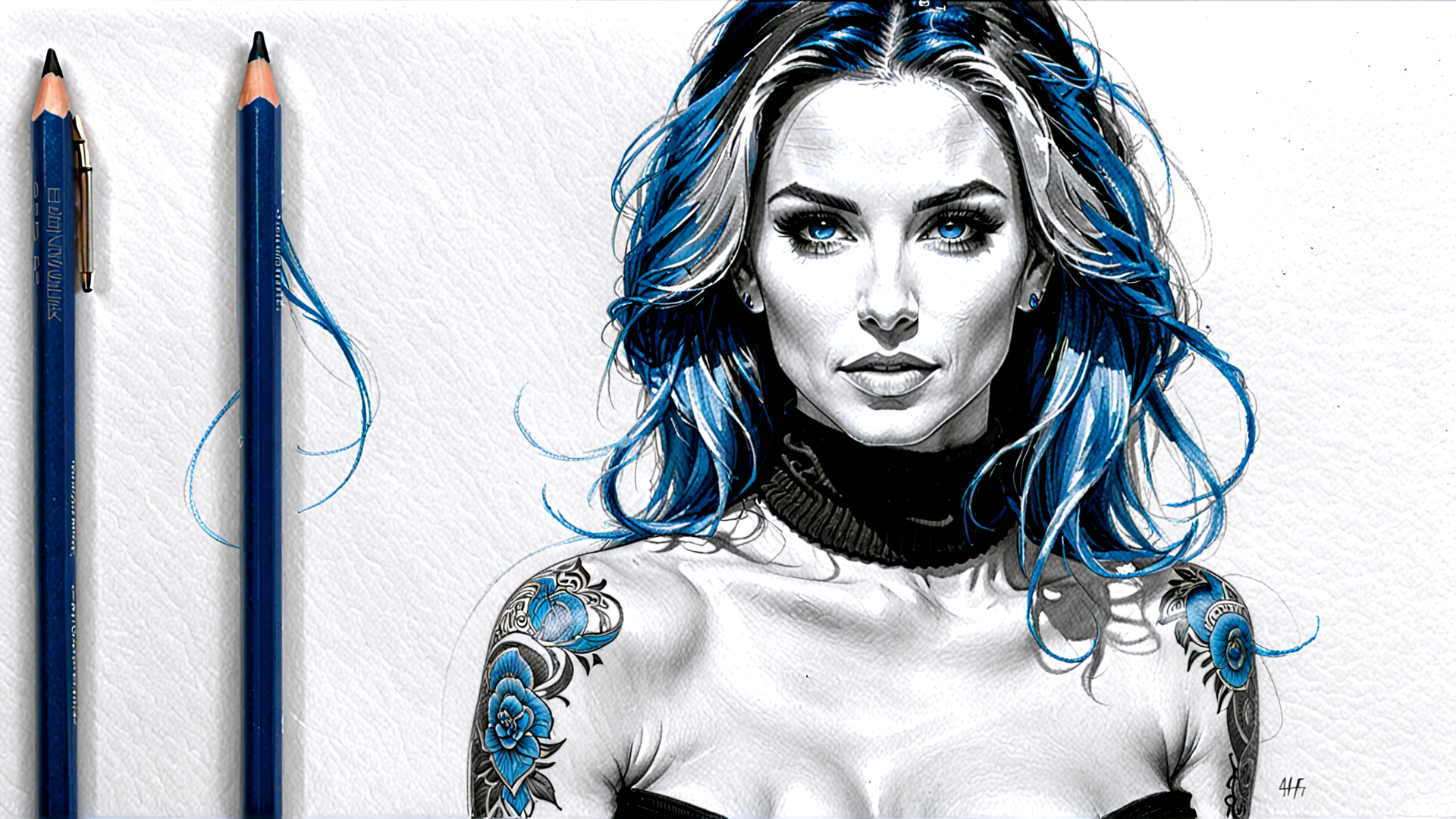 AI generated wallpaper featuring woman, tattoo, hair, pencil, sketch, blue