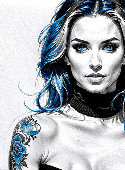 woman, tattoo, hair, pencil, sketch, blue