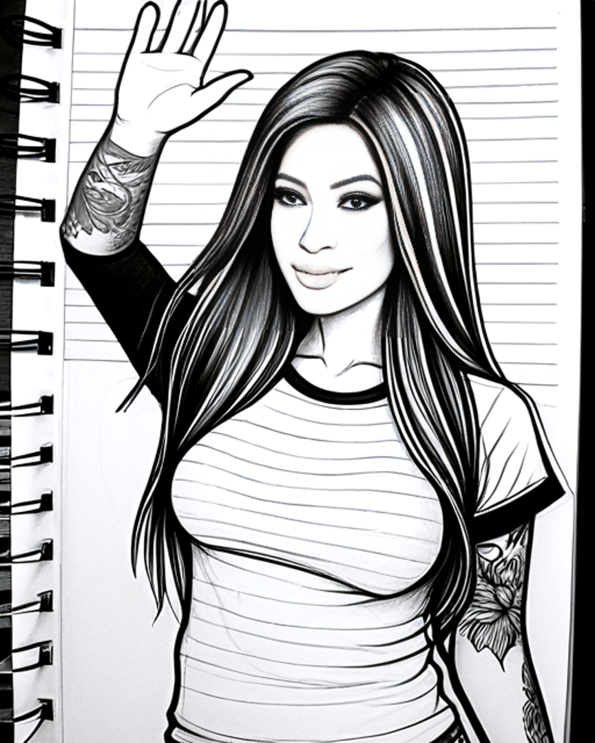AI generated wallpaper featuring woman, tattoo, hand, sketch, notebook
