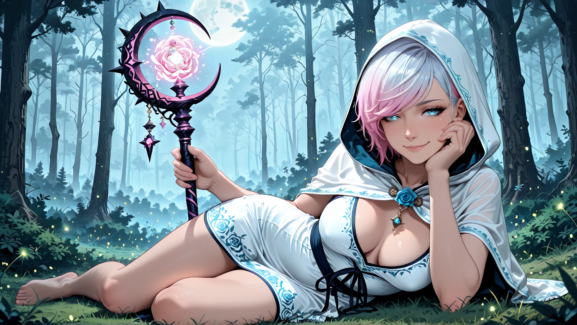 AI generated wallpaper featuring woman, witch, forest, moon, crescent, flower, fairy, fairy tale, flying, magic