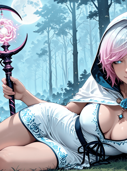 woman, witch, forest, moon, crescent, flower, fairy, fairy tale, flying, magic