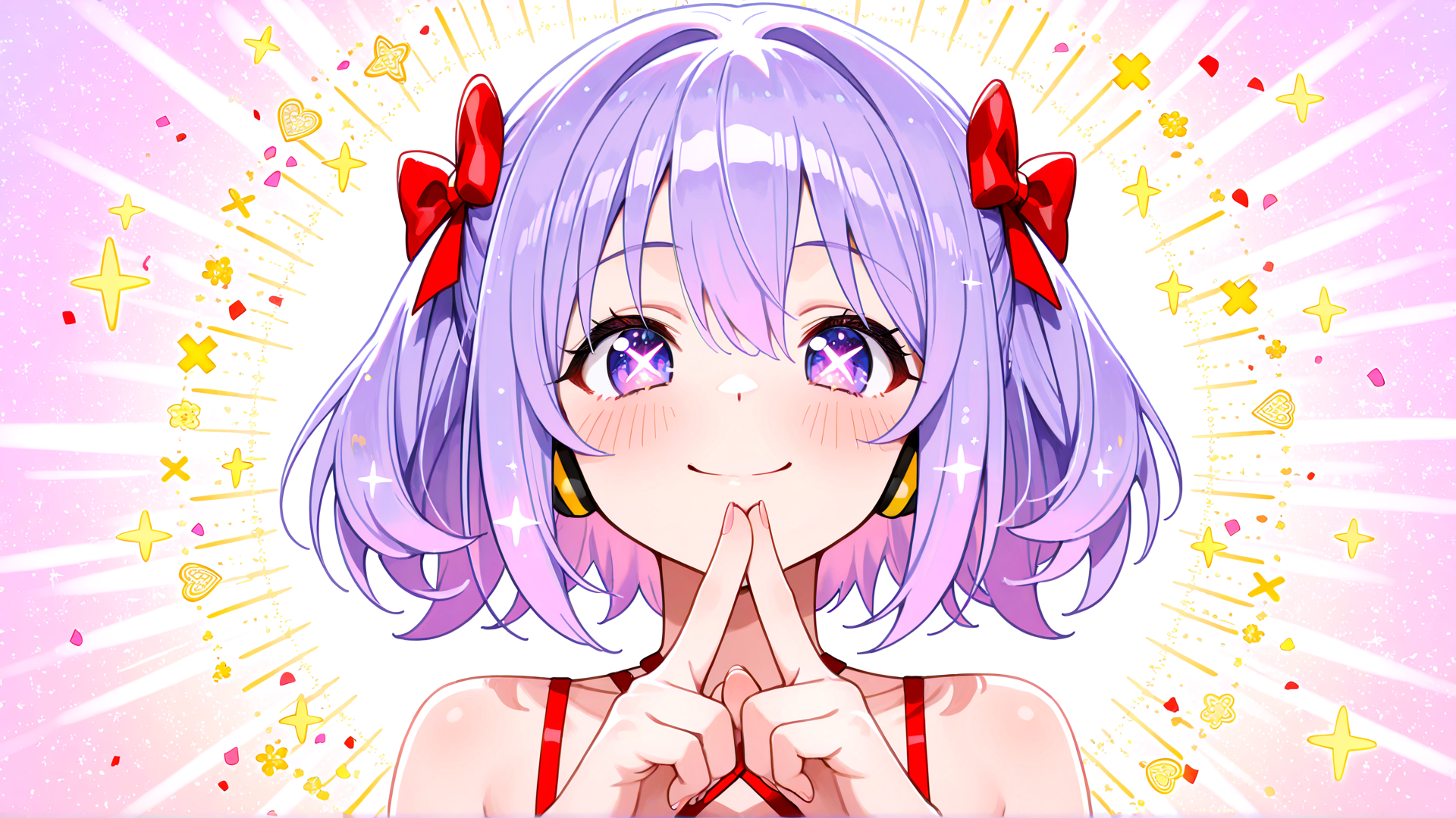 AI generated wallpaper featuring girl, anime, character, girl with purple hair, red bows, yellow earrings