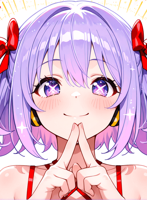 girl, anime, character, girl with purple hair, red bows, yellow earrings