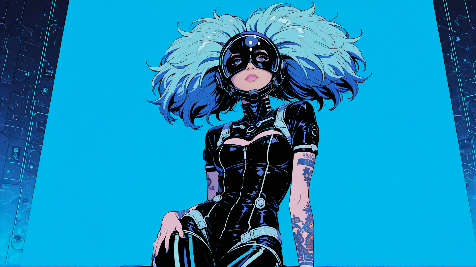 AI generated wallpaper featuring woman, cyborg, goggles, tattoo, futuristic, sitting, helmet, neon, robot, outfit