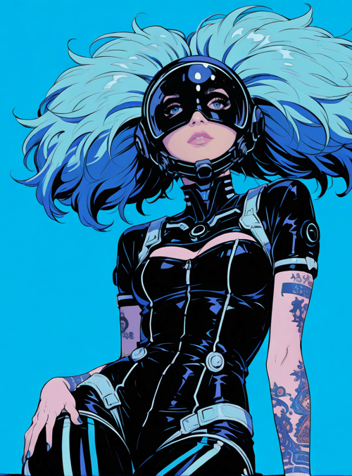 woman, cyborg, goggles, tattoo, futuristic, sitting, helmet, neon, robot, outfit