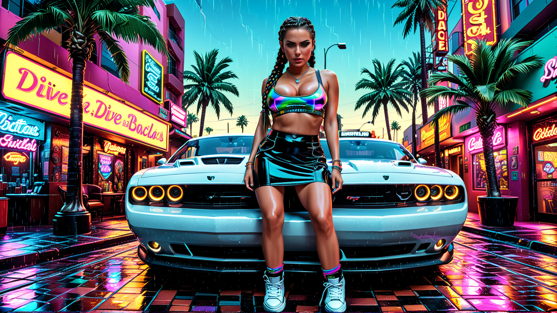 AI generated wallpaper featuring woman, car