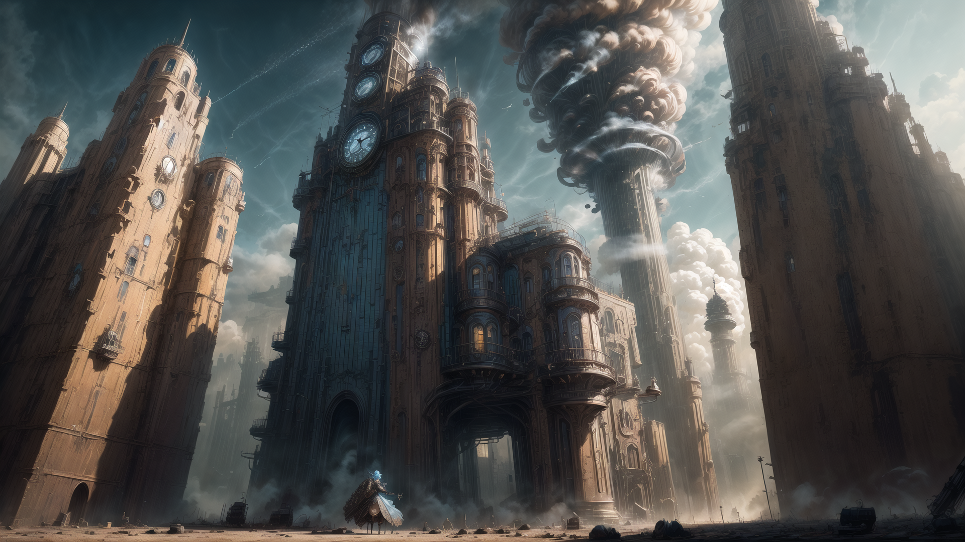 AI generated wallpaper featuring city, clock tower, tower, steam, figure