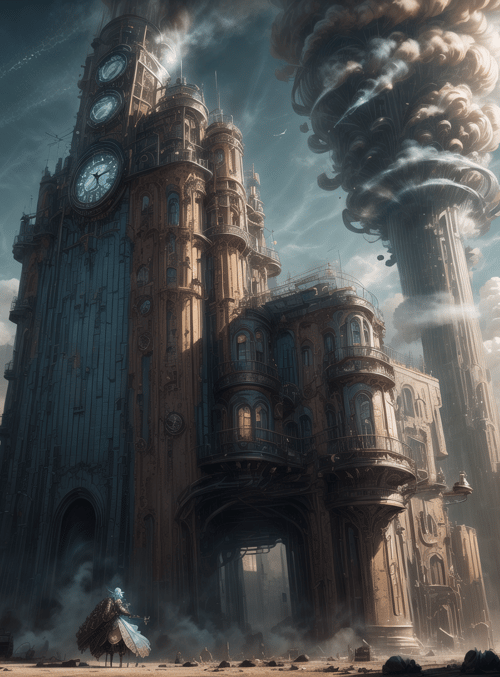 city, clock tower, tower, steam, figure