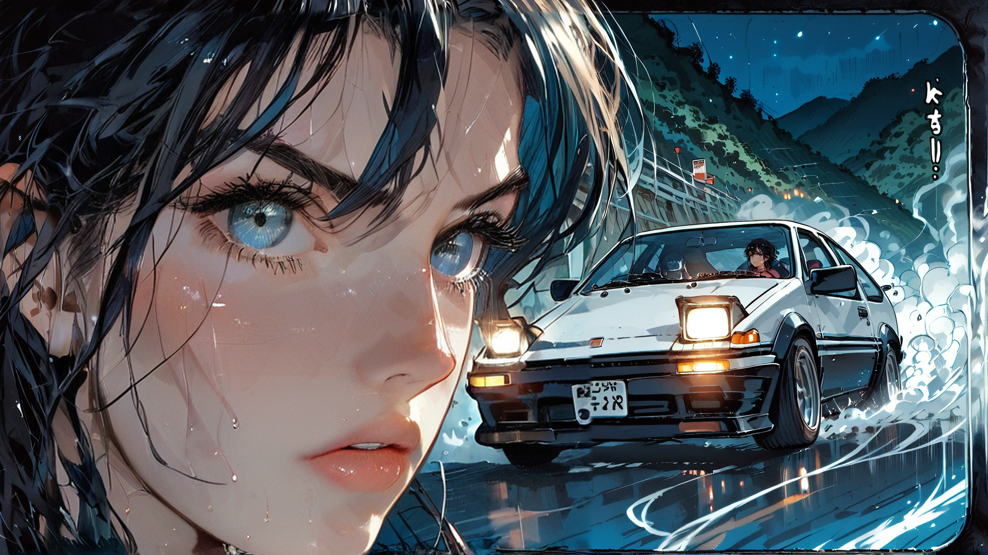AI generated wallpaper featuring woman, car, rain, road, mountain, night