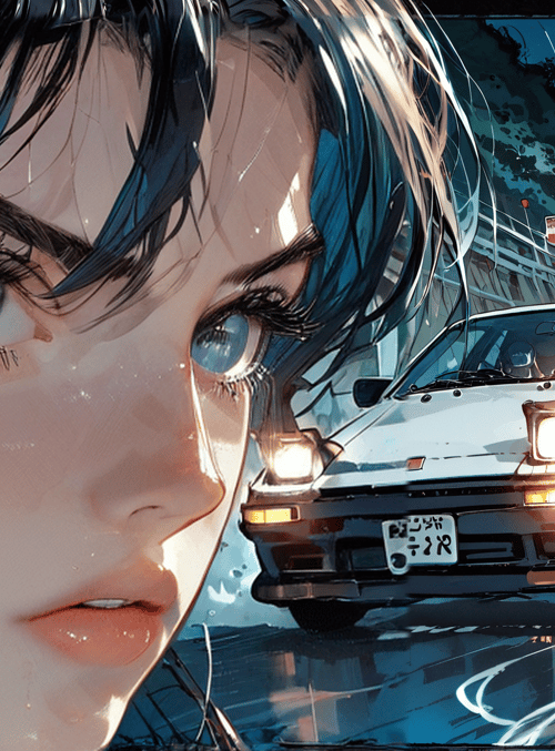 woman, car, rain, road, mountain, night