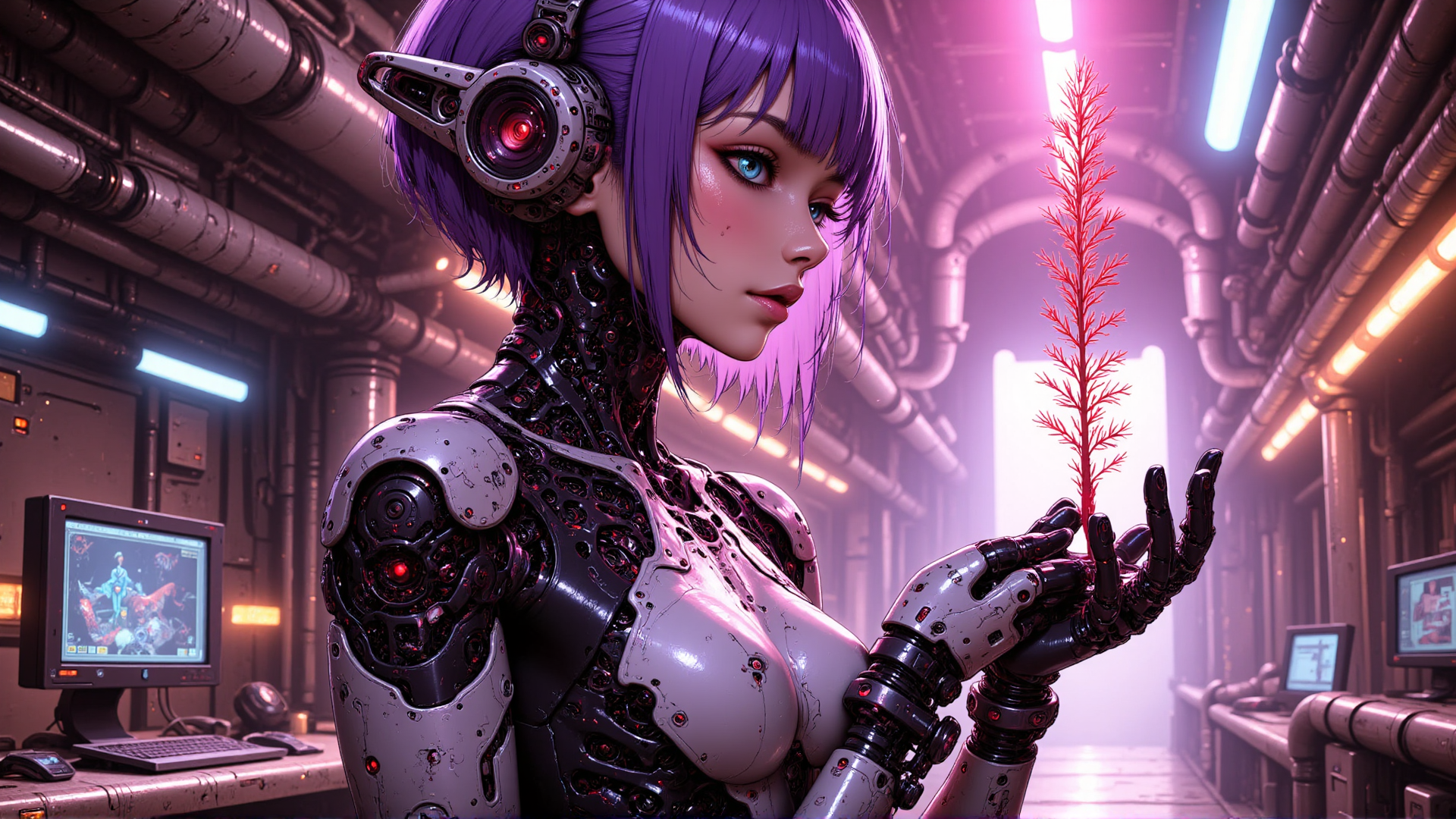 AI generated wallpaper featuring robot, cyberpunk, plant, goggles, pipes, computer, monitor, hand, screen, headset