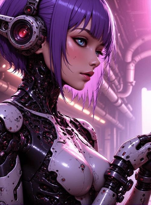 robot, cyberpunk, plant, goggles, pipes, computer, monitor, hand, screen, headset
