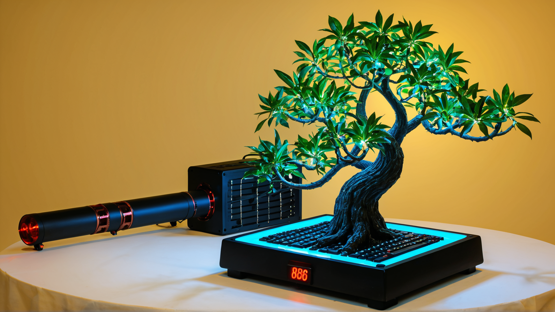 AI generated wallpaper featuring bonsai tree, keyboard, speaker, cylinder device, light