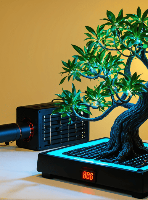 bonsai tree, keyboard, speaker, cylinder device, light